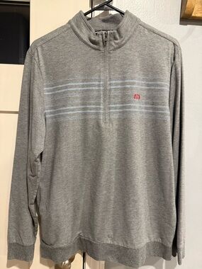 Travis Mathew Gray Quarter-Zip Pullover with Light Blue Stripes
